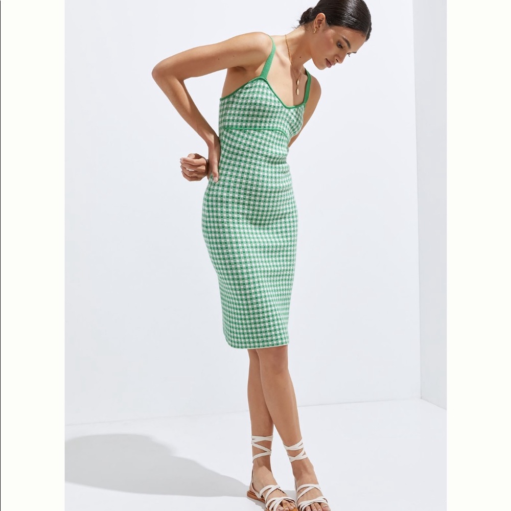 NWT Maeve Anthropologie Green Knit Gingham Midi Sleeveless Dress